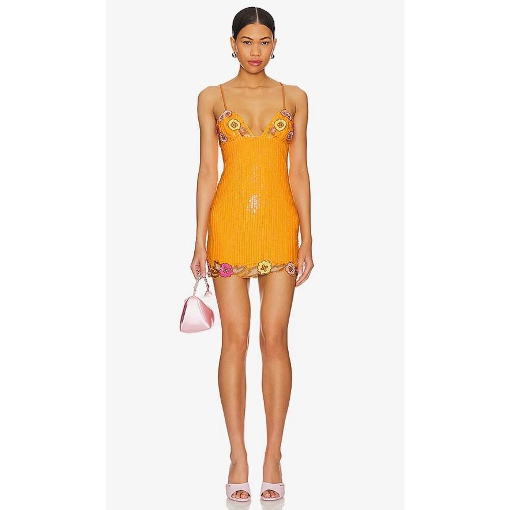 MAJORELLE Orange Beaded Mini Dress with Pink & Yellow Floral Trim